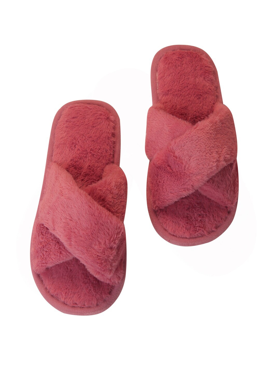 

Miscreef Women Cross Strap Warm Winter Fur Room Slippers, Red