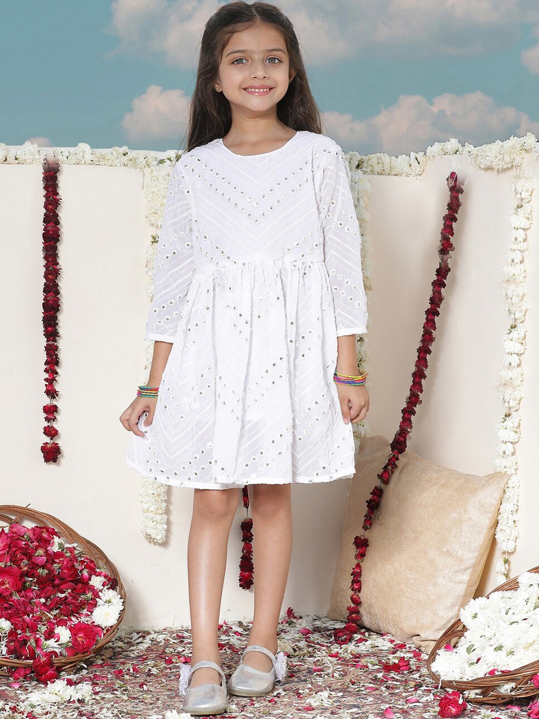 

VASTRAMAY Girls Embroidered Fit & Flare Ethnic Dress, White