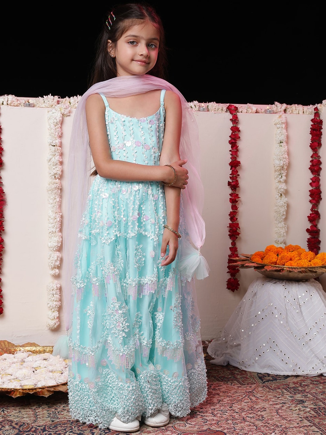 

VASTRAMAY Girls Embellished Sleeveless Silk Net Maxi Ethnic Dress With Dupatta, Blue