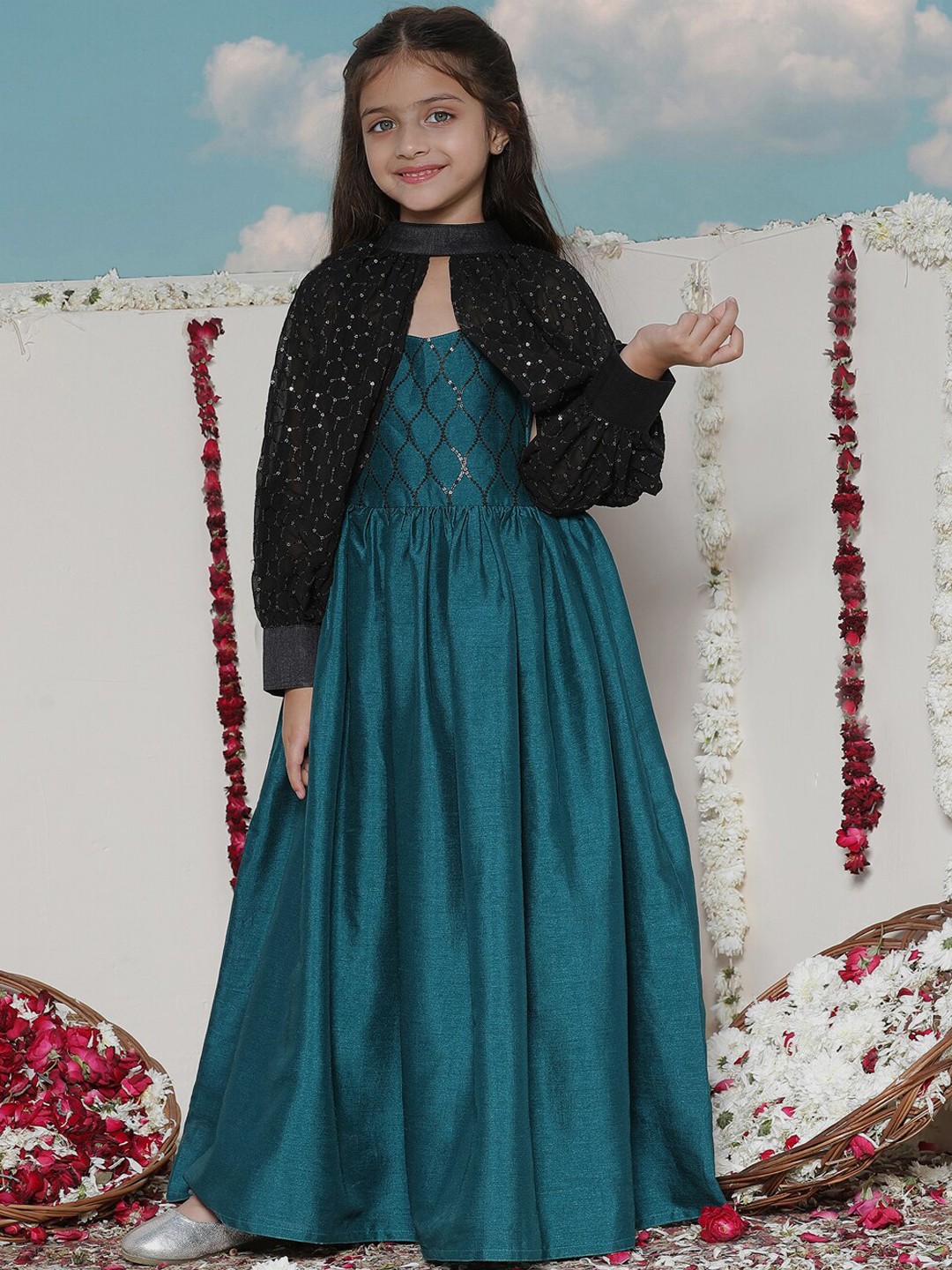 

VASTRAMAY Girls Embellished Silk Maxi Ethnic Dress, Green
