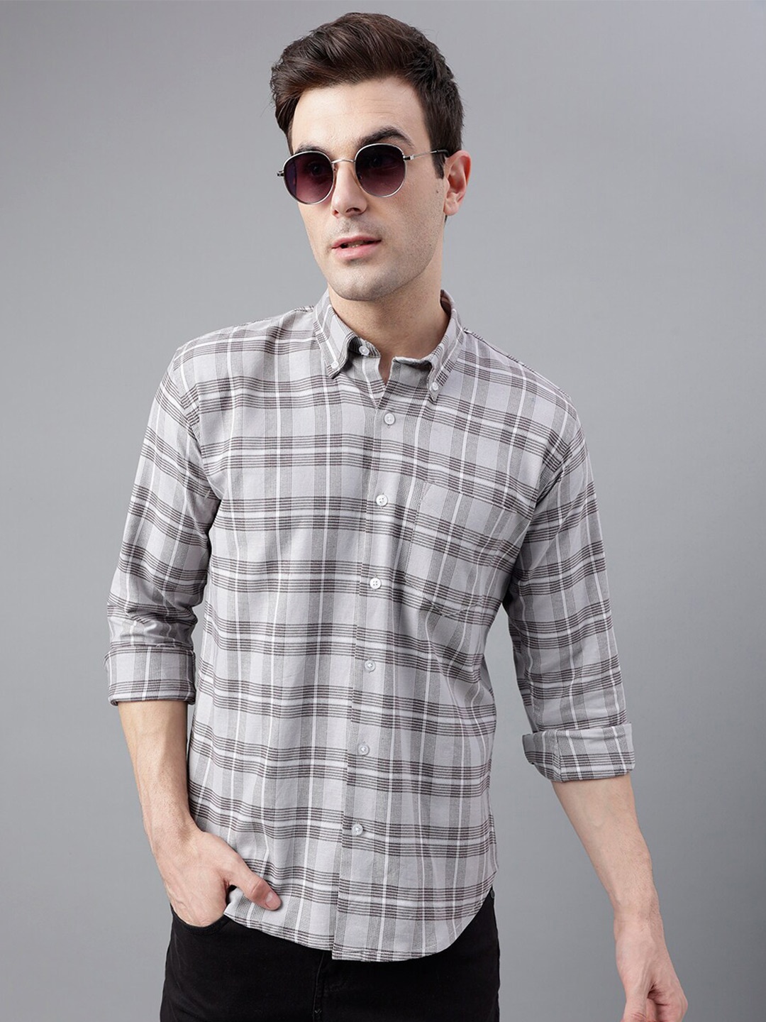 

Hancock Slim Fit Tartan Checks Flannel Button-Down Collar Long Sleeves Cotton Casual Shirt, Grey