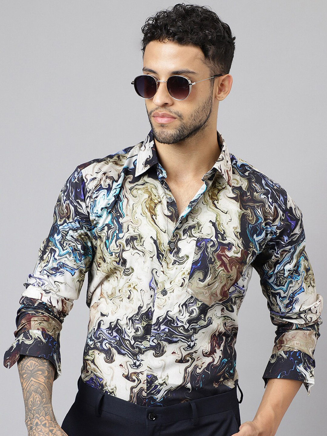 

Hancock Slim Fit Abstract Printed Spread Collar Long Sleeves Casual Shirt, Beige