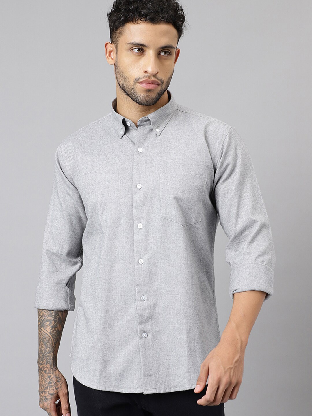 

Hancock Slim Fit Flannel Button-Down Collar Long Sleeves Pure Cotton Casual Shirt, Grey