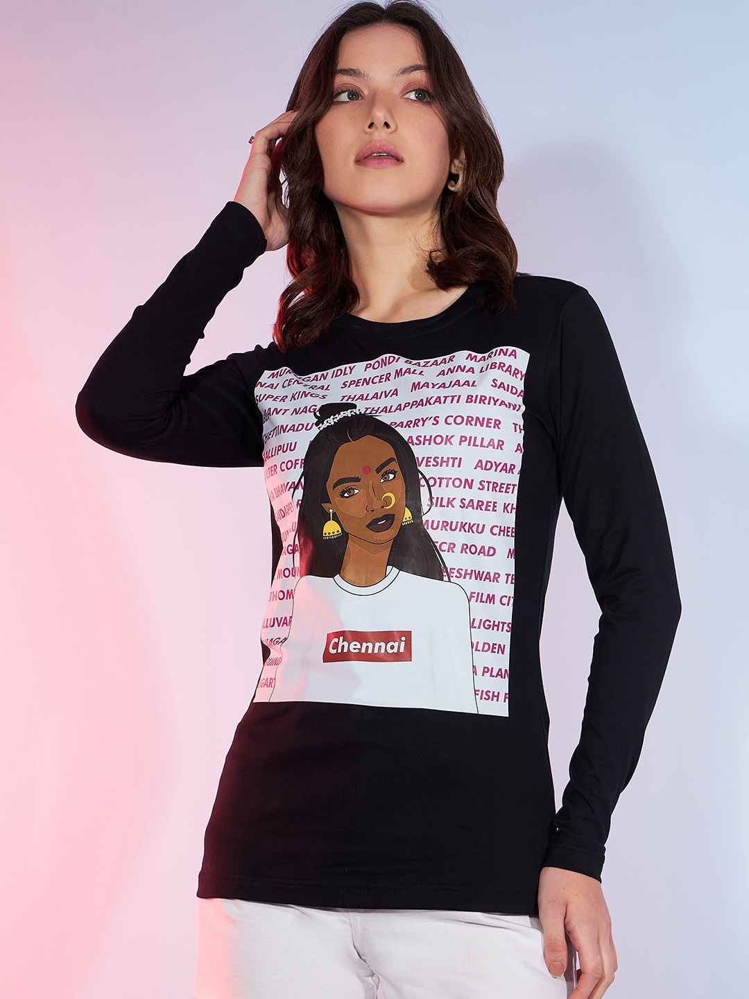 

DressBerry Black Graphic Printed Long Sleeves Pure Cotton T-shirt