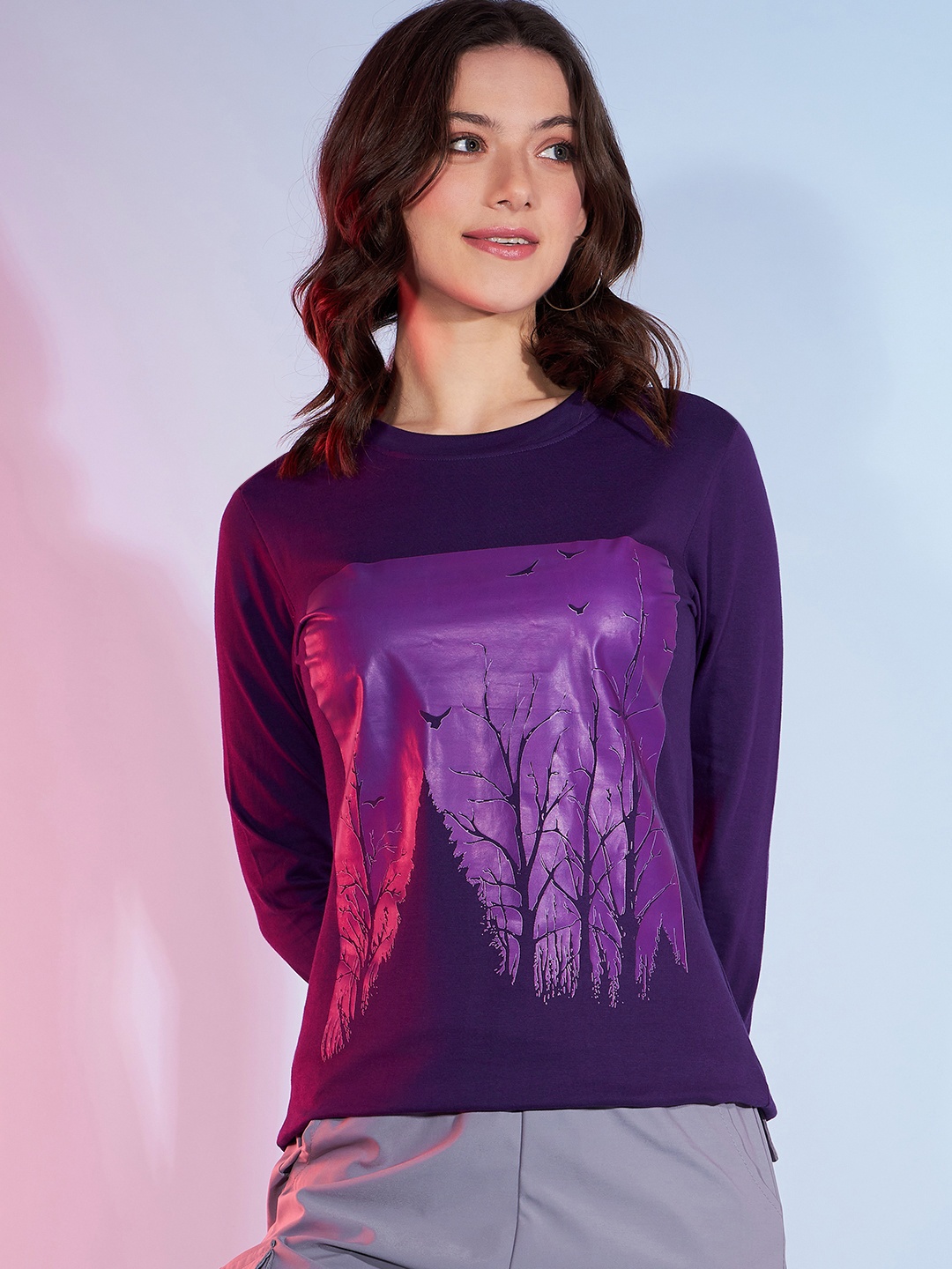 

DressBerry Purple Graphic Printed Long Sleeves Pure Cotton T-shirt