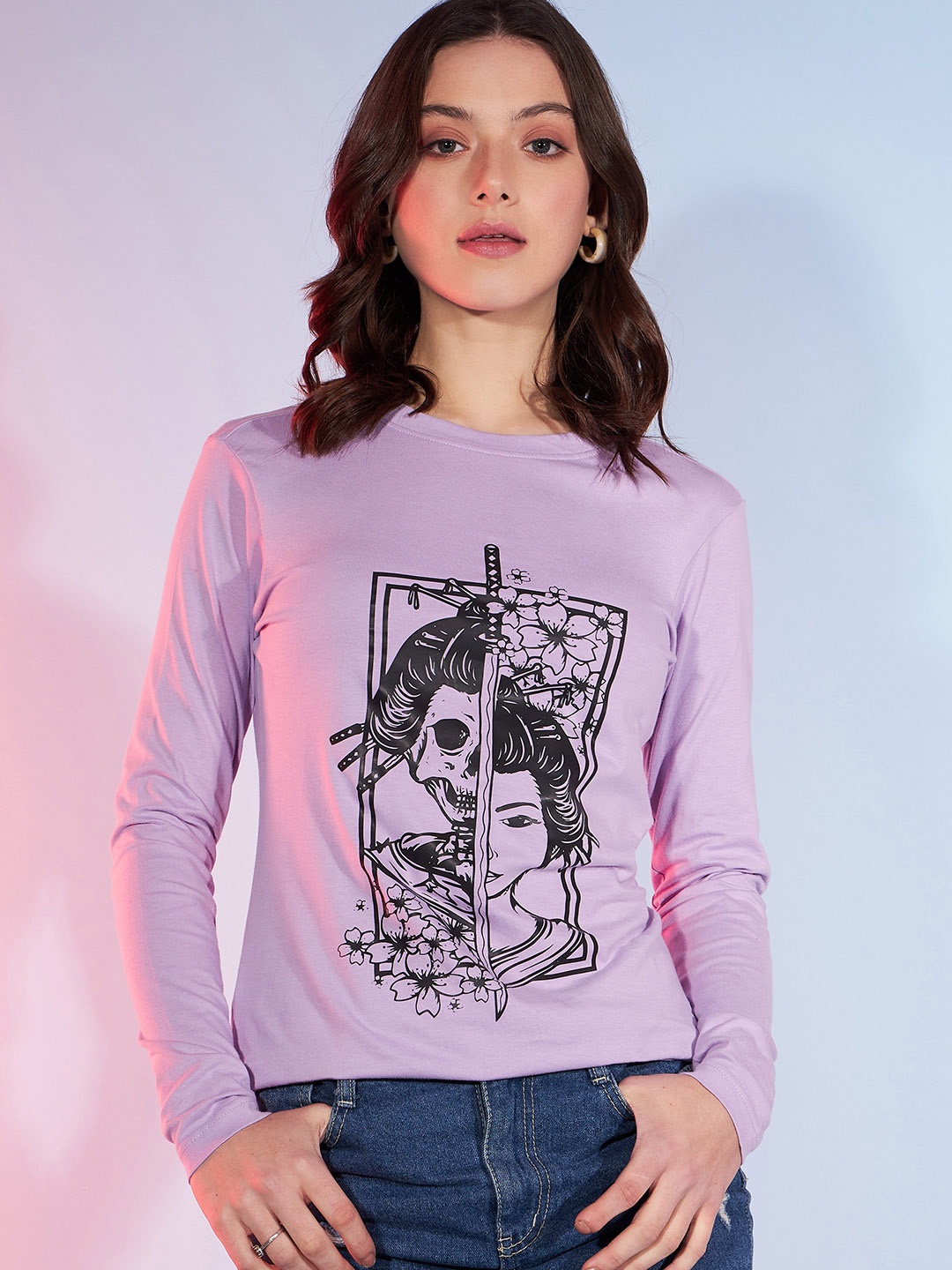 DressBerry Lavender Typography Printed Round Neck Pure Cotton T-shirt