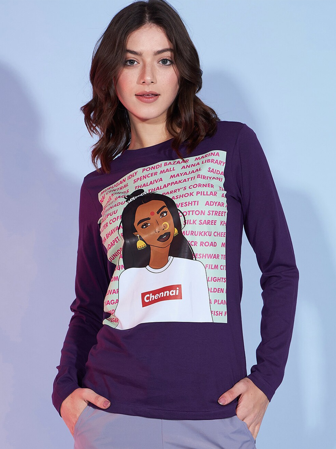 

DressBerry Purple Graphic Printed Long Sleeves Pure Cotton T-shirt