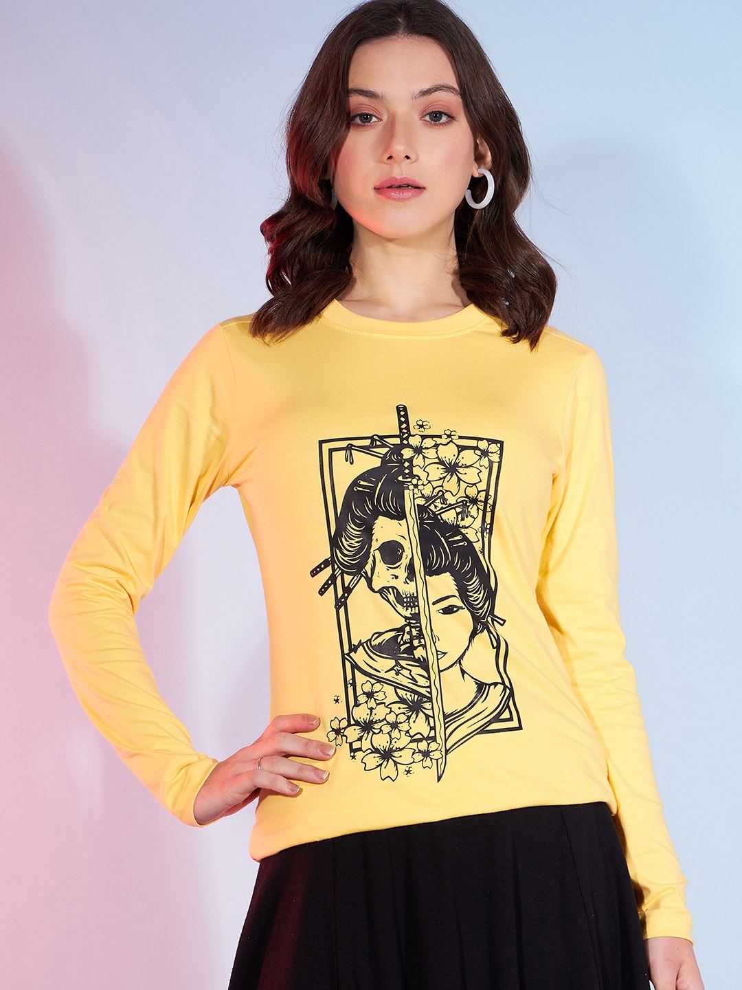 

DressBerry Yellow Graphic Printed Long Sleeves Pure Cotton T-shirt