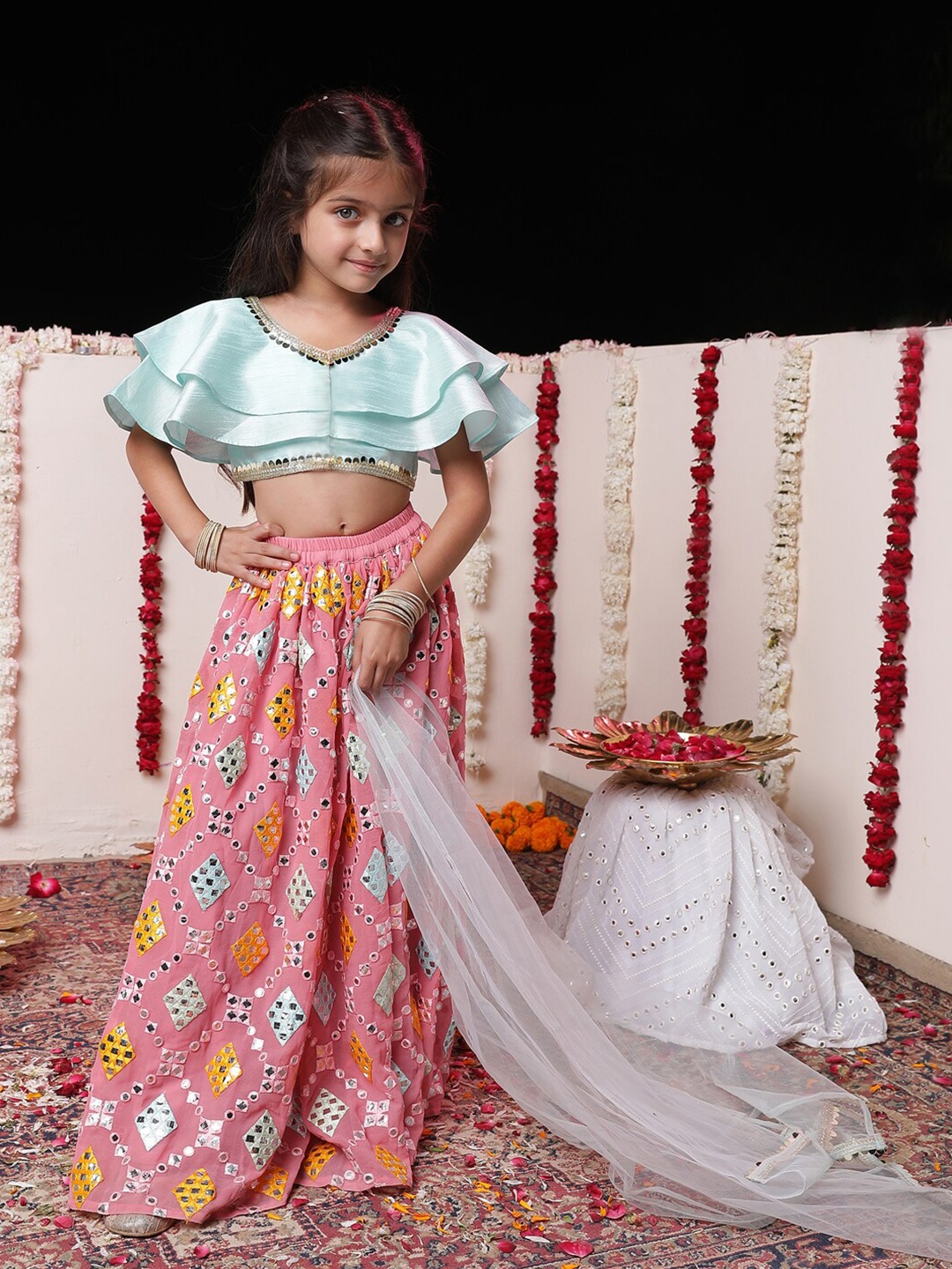 

VASTRAMAY Girls Mirror Work Ready to Wear Lehenga & Blouse With Dupatta, Blue