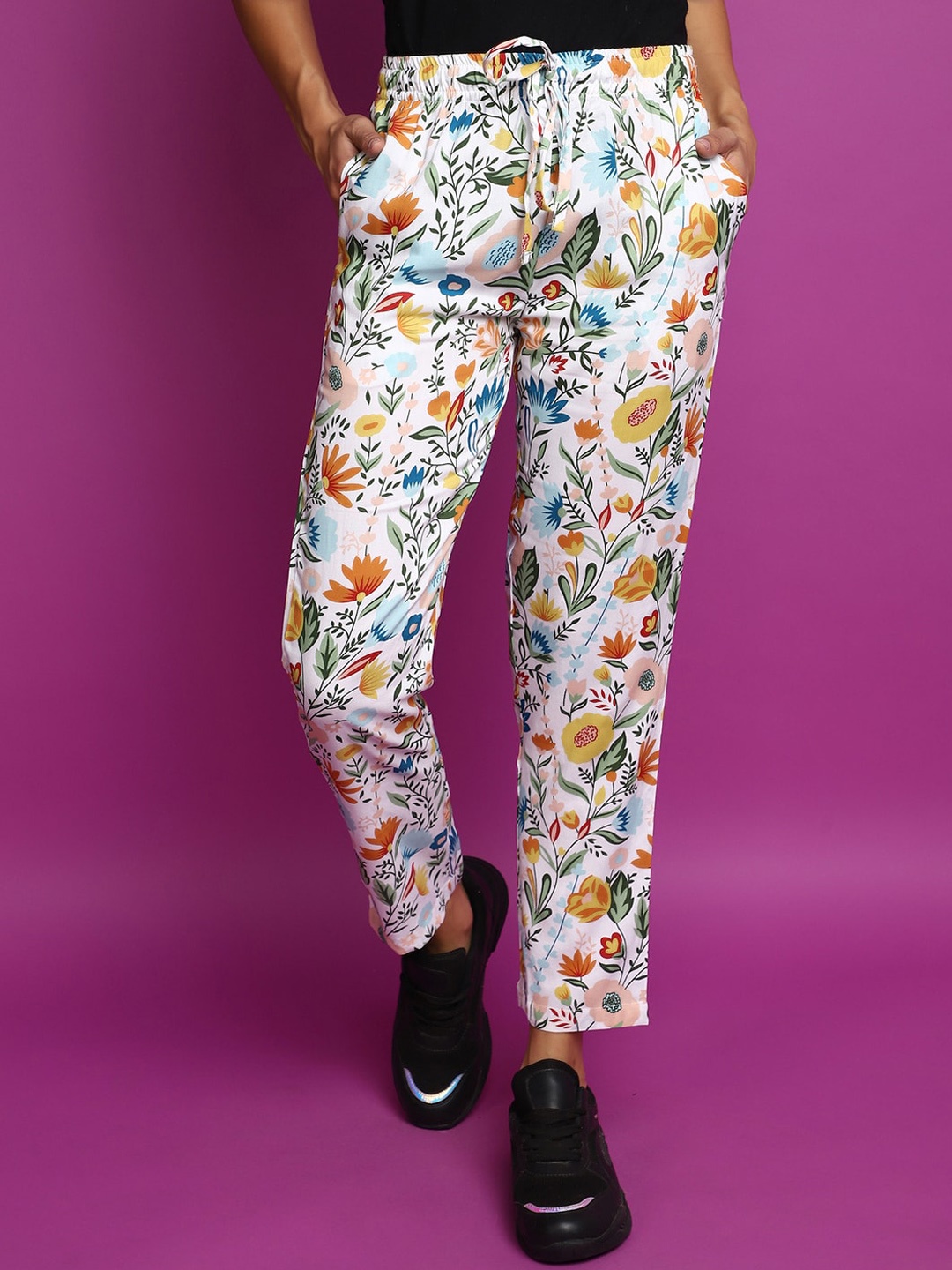 

V-Mart Women Floral Printed Mid-Rise Track Pants, White