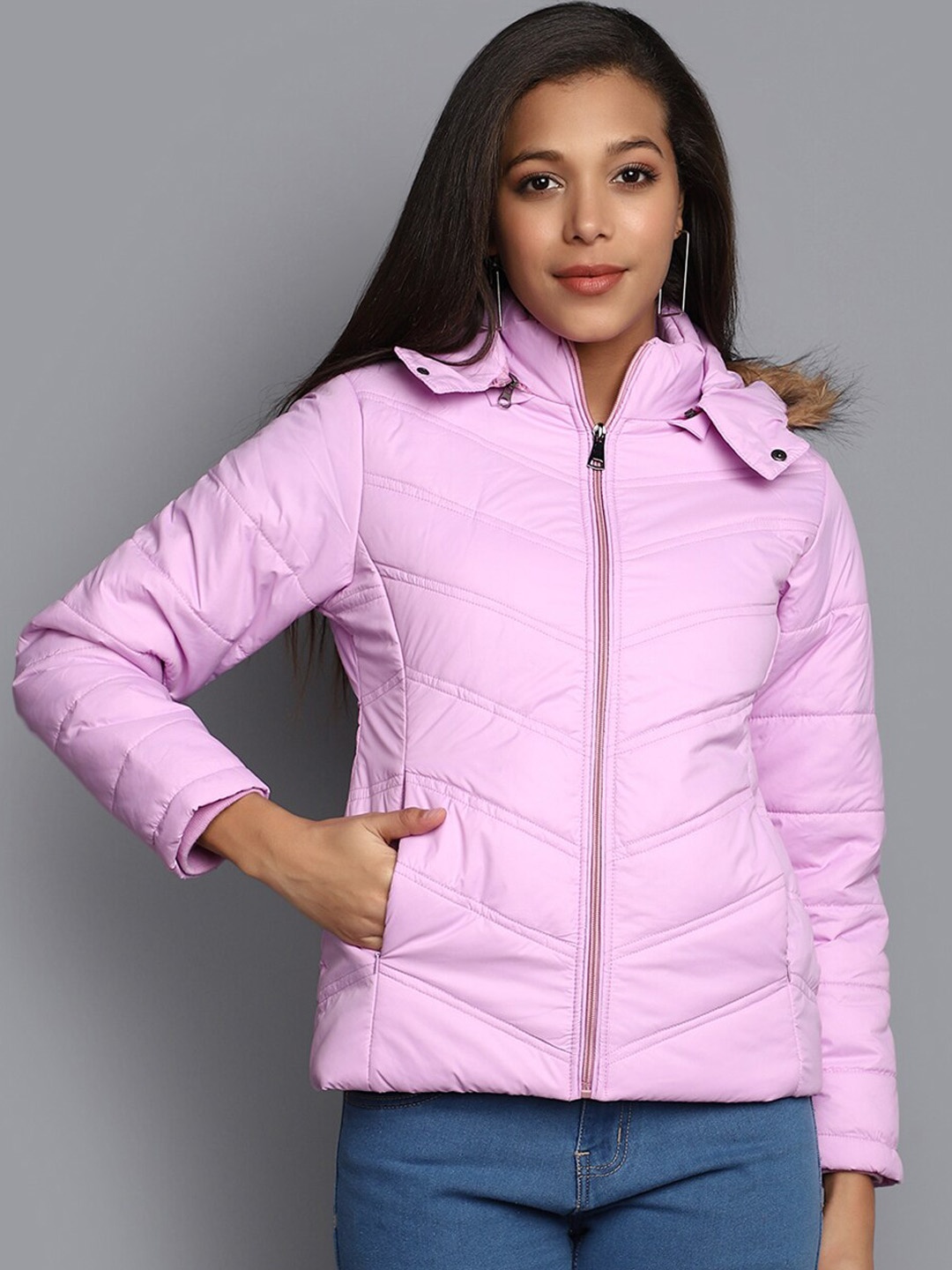 

V-Mart Hooded Faux Fur Trim Lightweight Cotton Puffer Jacket, Lavender