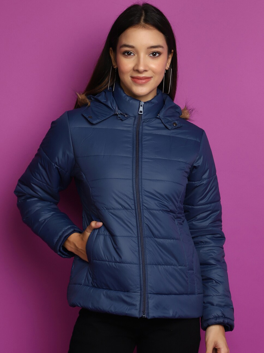 

V-Mart Faux Fur Trim Detail Lightweight Hooded Cotton Puffer Jacket, Blue