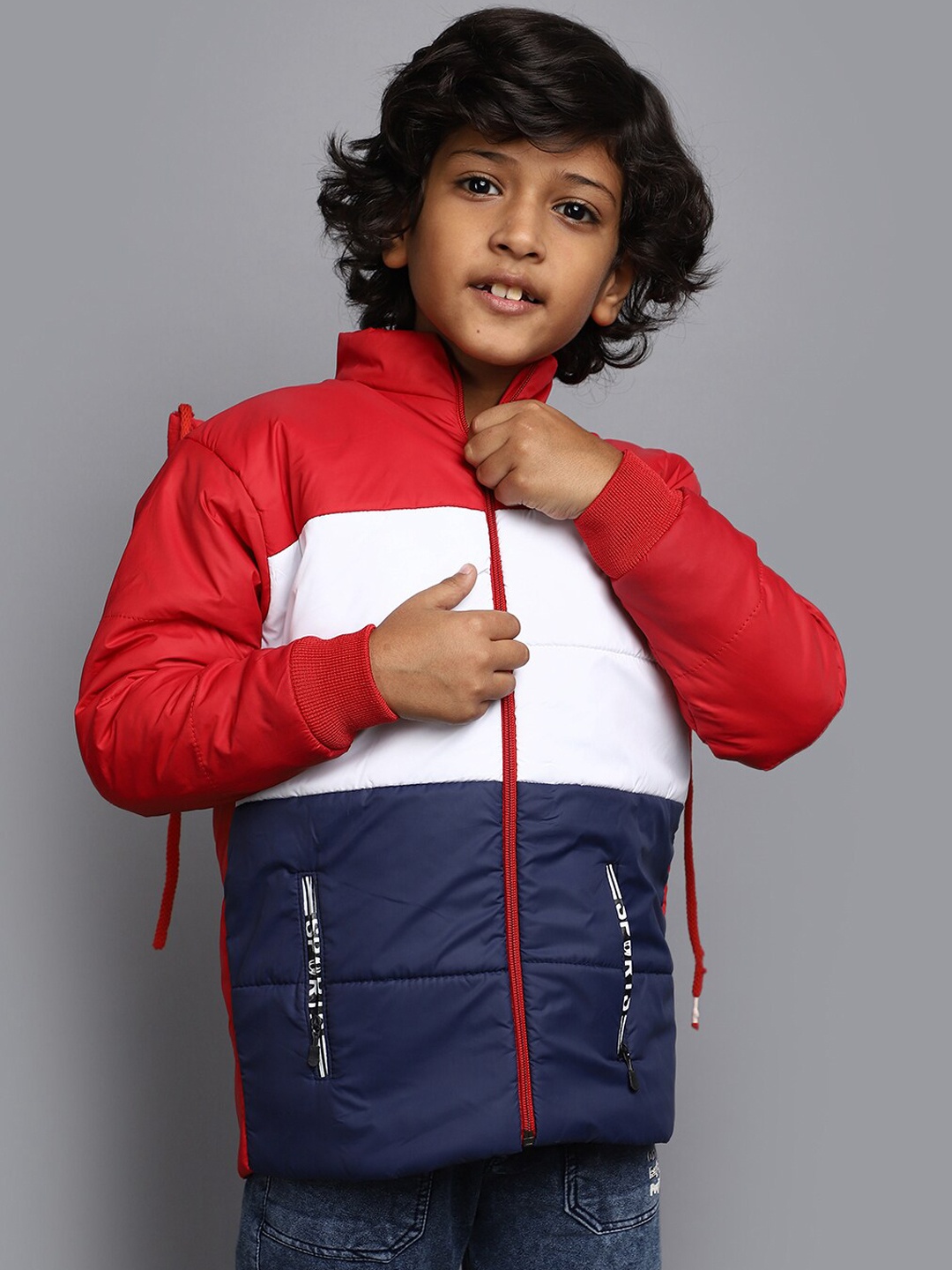 

V-Mart Boys Colourblocked Lightweight Hooded Cotton Padded Jacket, Red