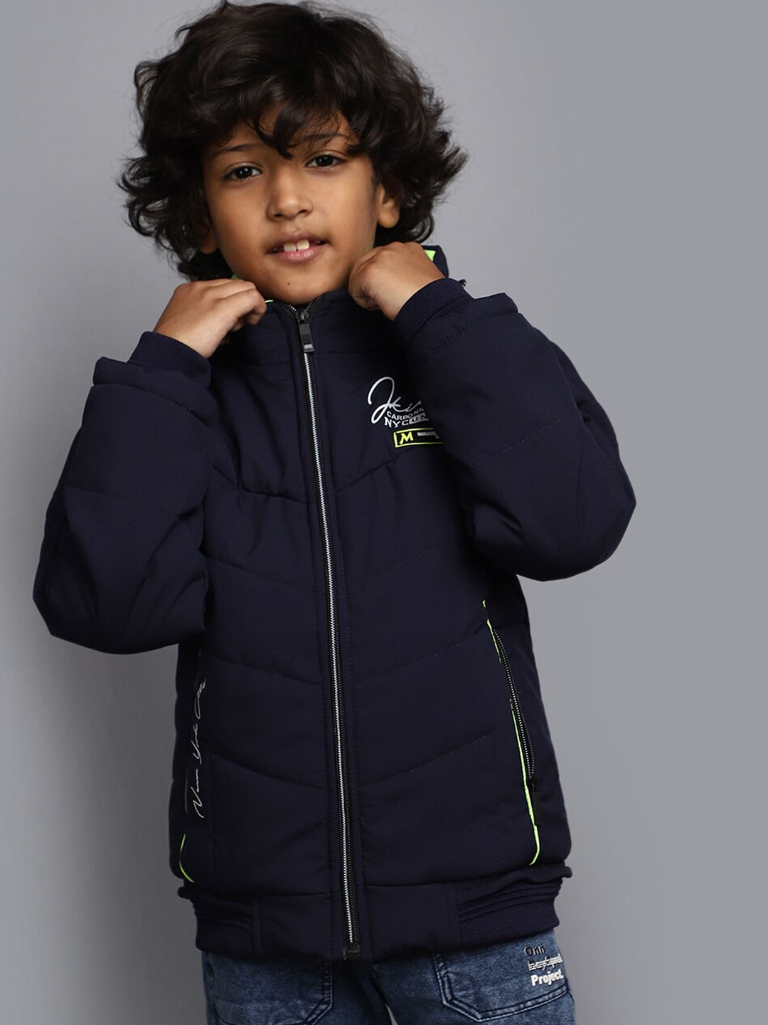 

V-Mart Boys Printed Hooded Cotton Lightweight Puffer Jacket, Navy blue