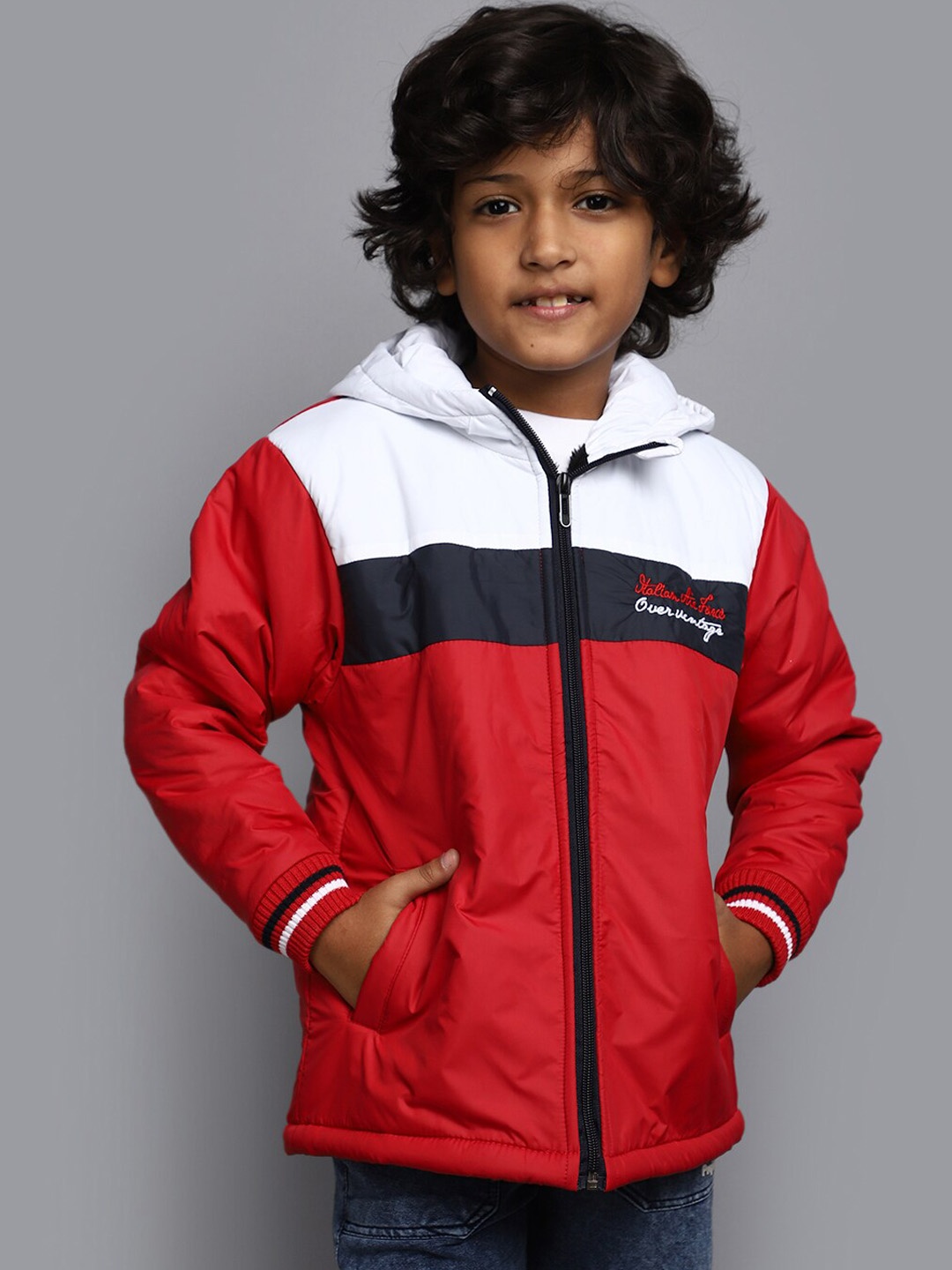 

V-Mart Boys Colorblocked Hooded Lightweight Cotton Padded Jacket, Red