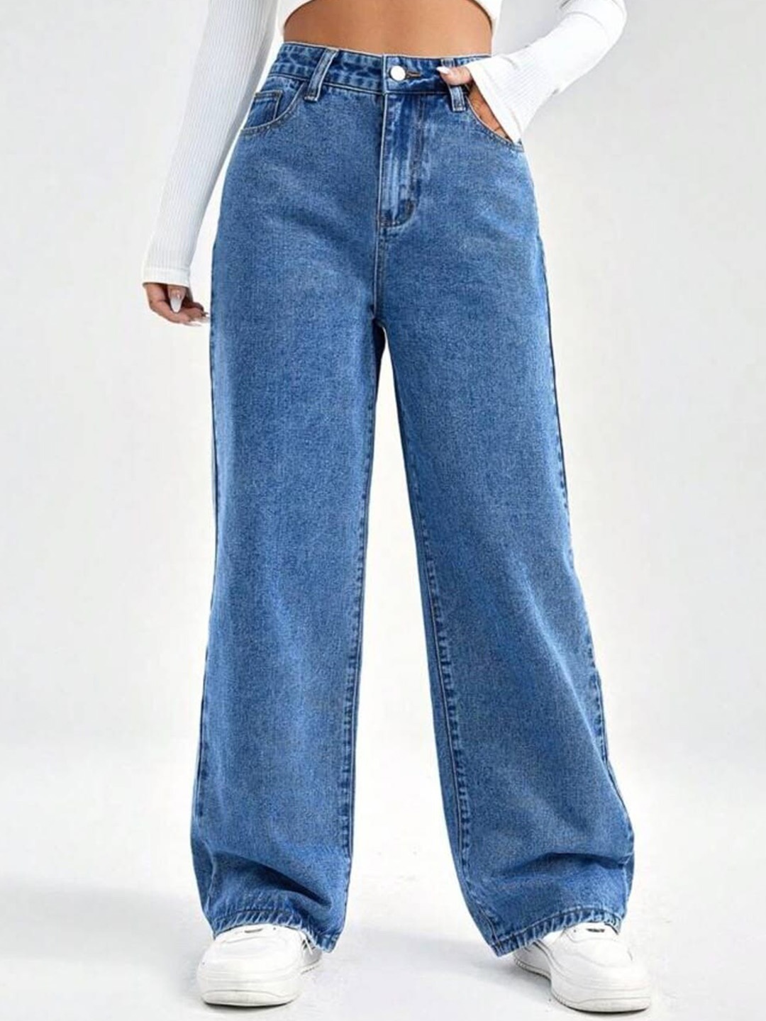 

Next One Women Blue Smart Wide Leg High-Rise Clean Look Stretchable Jeans