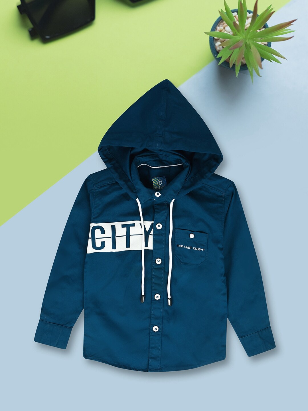 

V-Mart Boys Typography Printed Hooded Cotton Casual Shirt, Teal