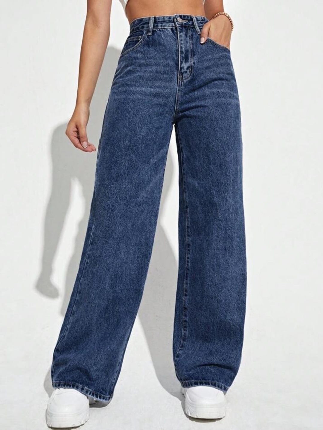 

BROADSTAR Women Smart Wide Leg High-Rise Clean Look Cotton Jeans, Blue