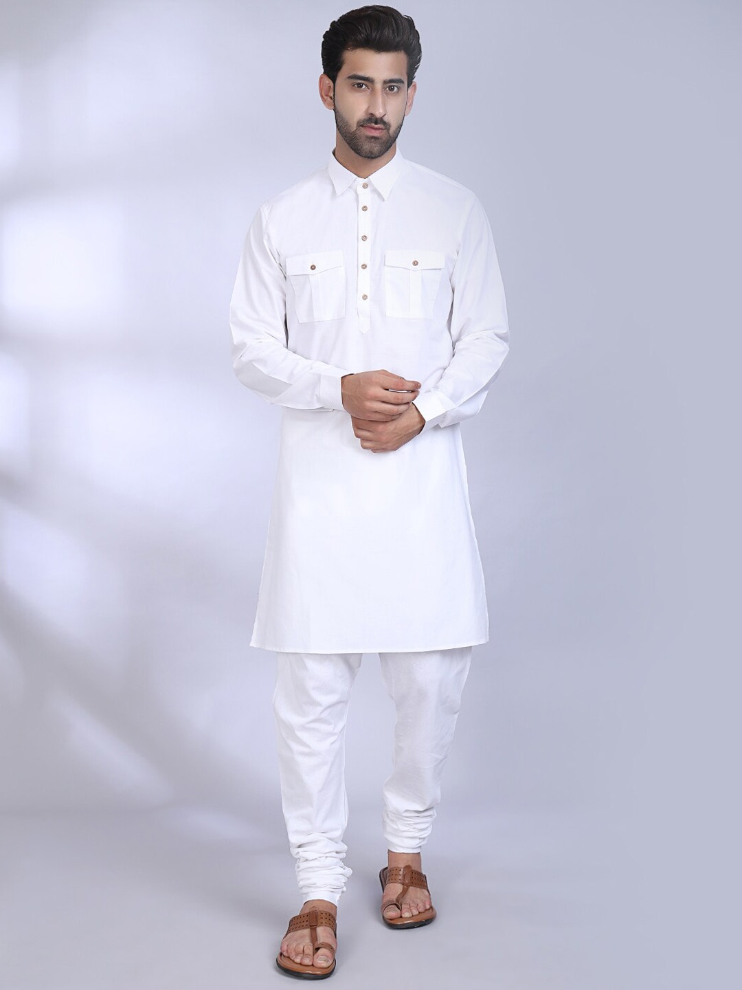 

MIDAV Shirt Collar Cuffed Sleeve White Romance Fusion Pathani Cotton Kurta
