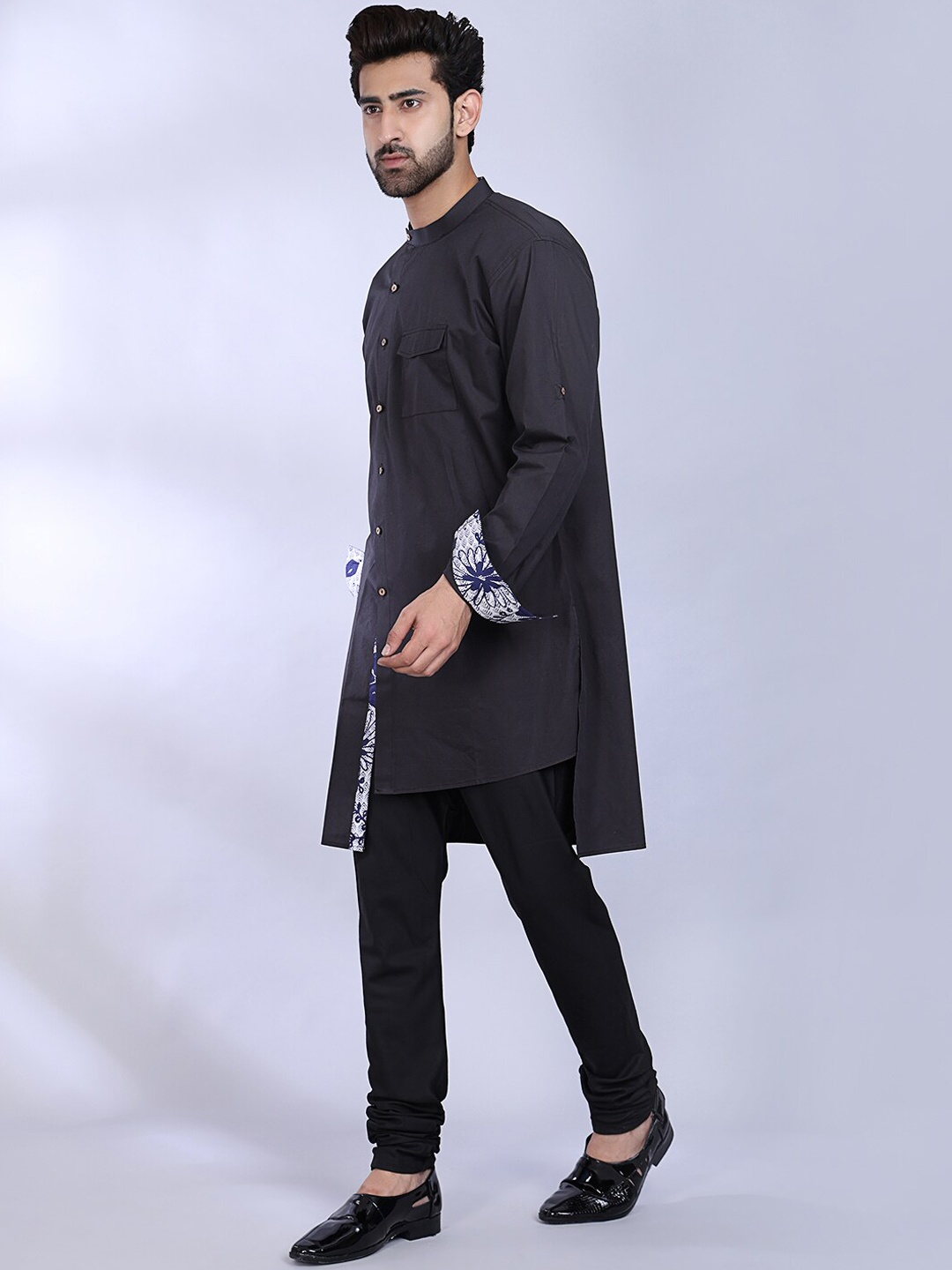 

MIDAV Mandarin Collar Thread Work Asymmetric High-Low Cotton A-Line Kurta, Black