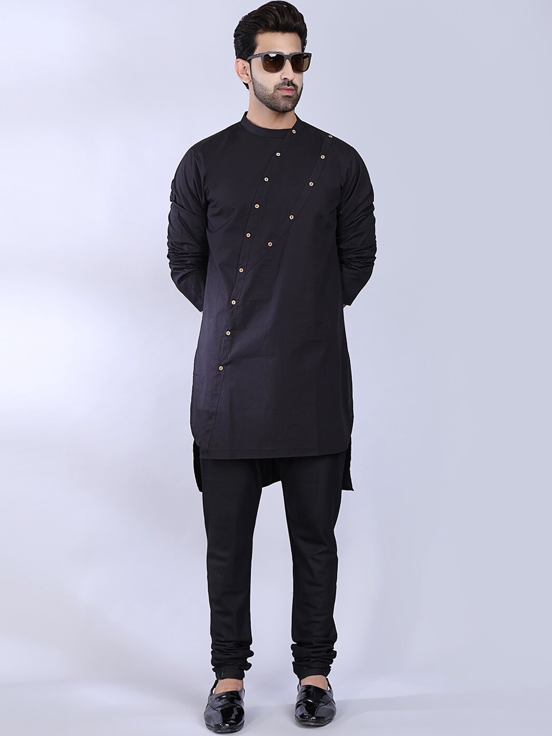 

MIDAV Mandarin Collar Double Placket High Low Cotton Straight Kurta, Black