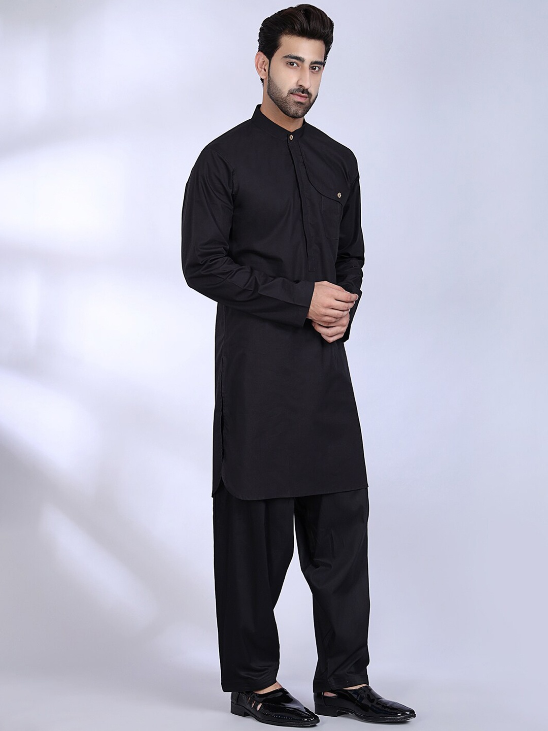

MIDAV Band Collar Fusion Straight Cotton Kurta, Black