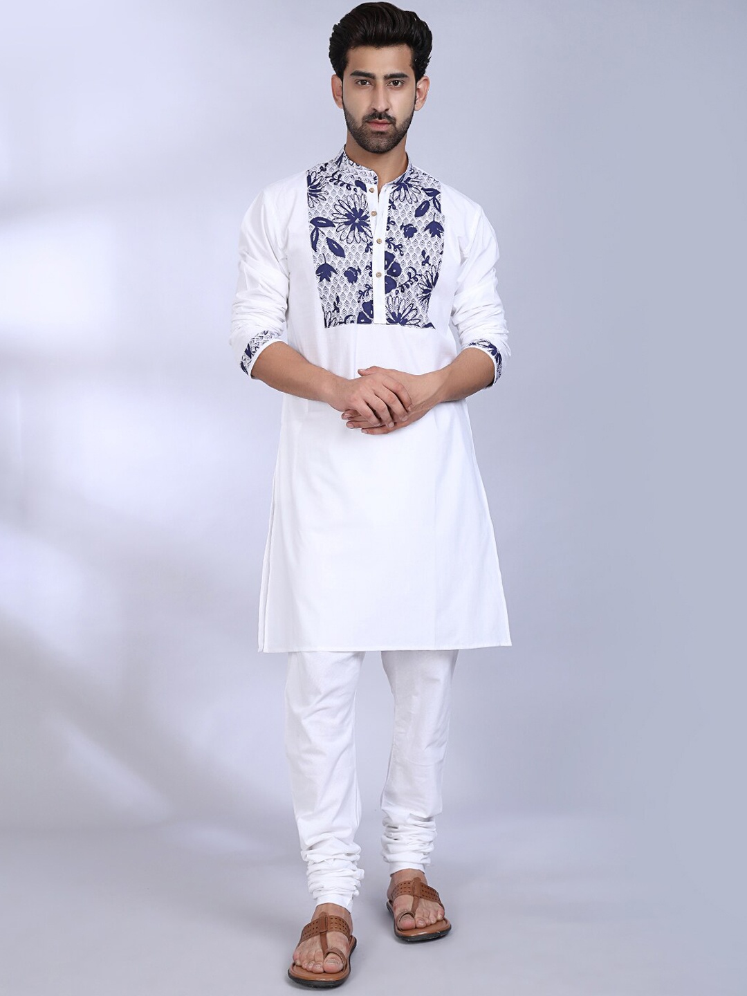

MIDAV Floral Yoke Design Mandarin Collar Cotton Straight Kurta, White