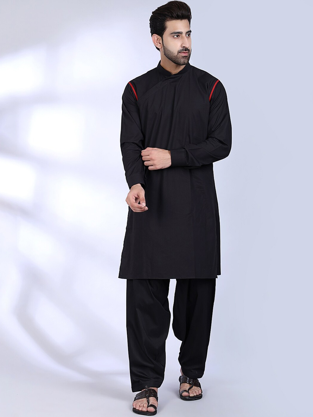 

MIDAV Mandarin Collar Cotton Angrakha Kurta, Black