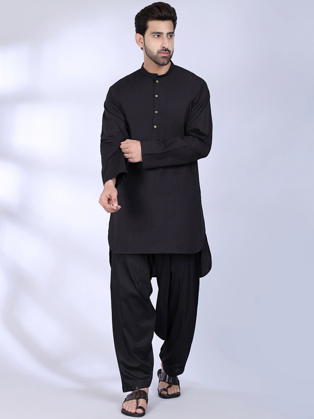 

MIDAV Mandarin Collar Half Placket High Low Cotton Straight Kurta, Black