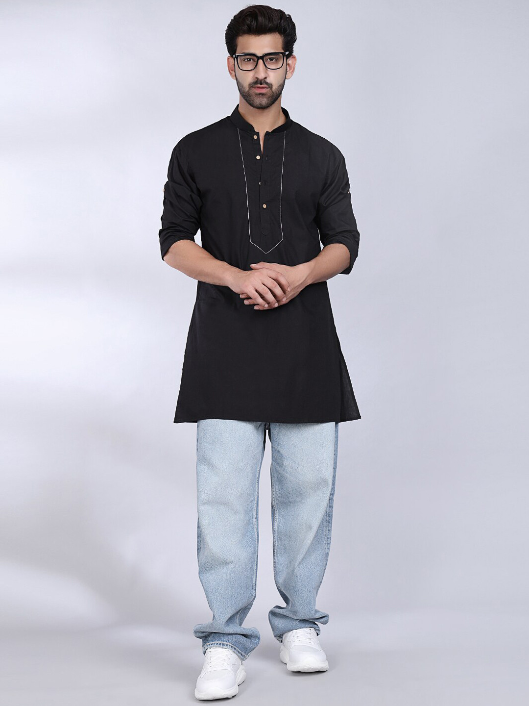 

MIDAV Mandarin Collar Roll Up Sleeves Cotton Straight Kurta, Black