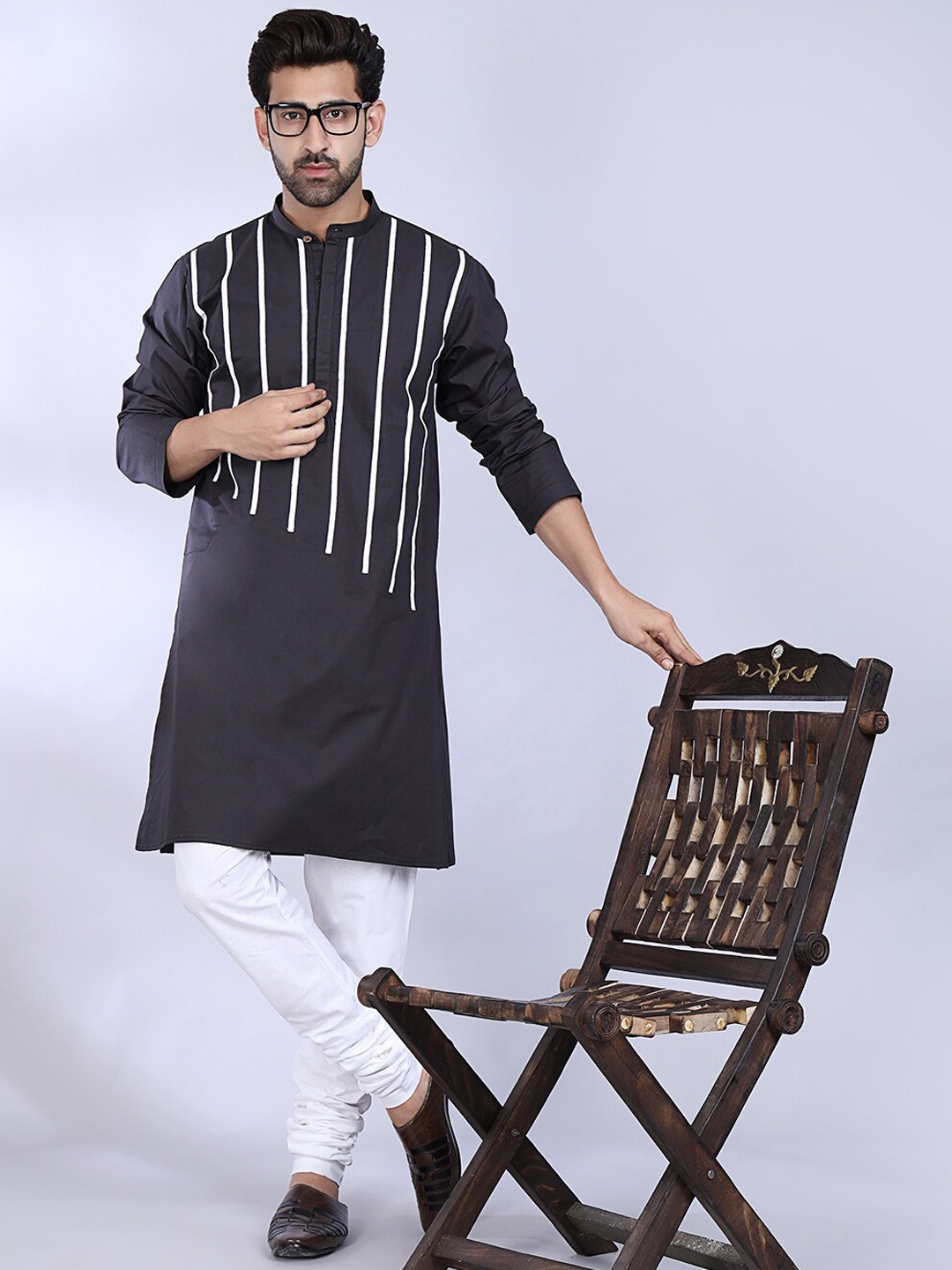 

MIDAV Striped Band Collar Cotton Straight Kurta, Grey