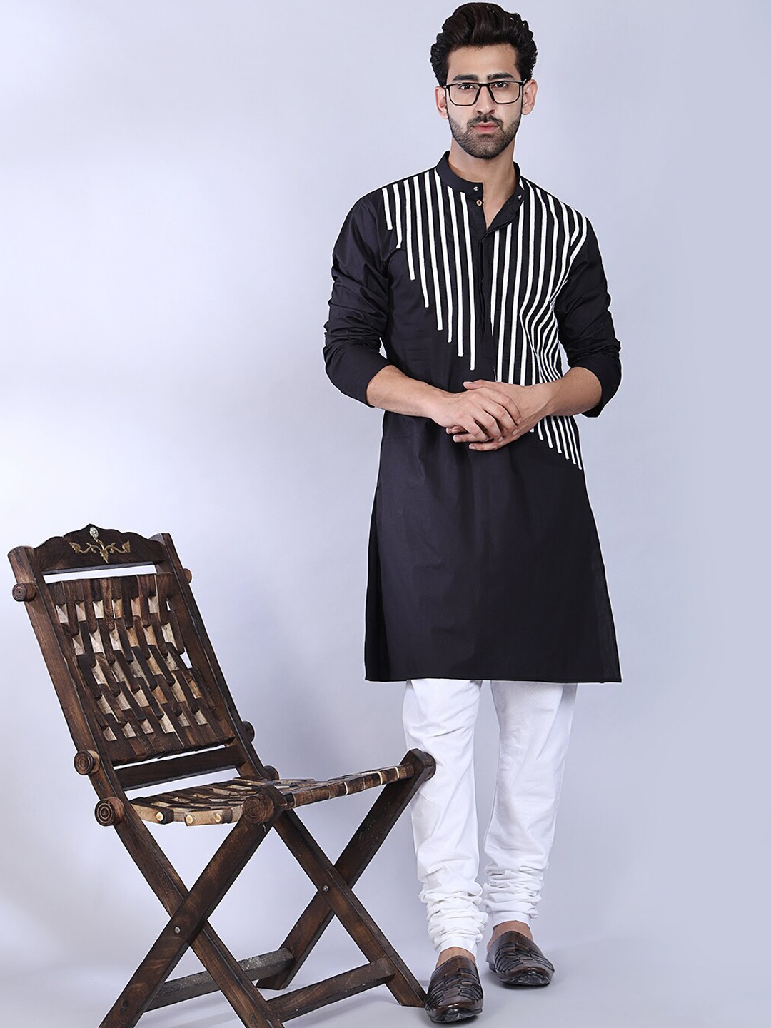 

MIDAV Striped Band Collar Cotton Straight Kurta, Black