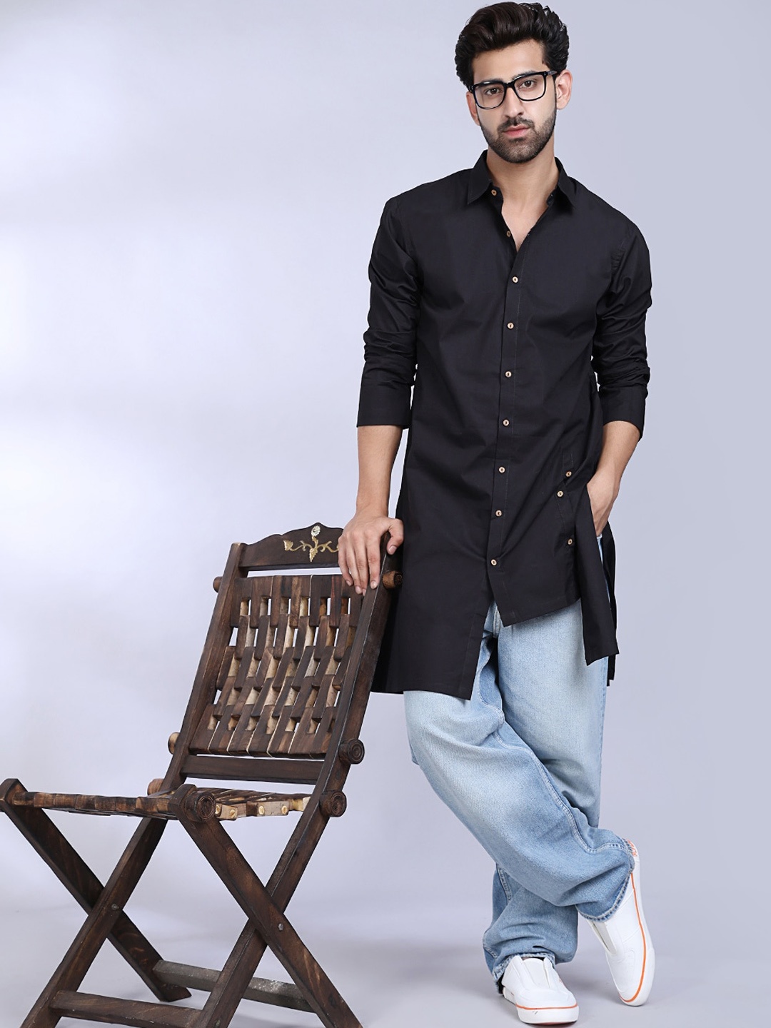 

MIDAV Shirt Collar Asymmetric Cotton A-Line Kurta, Black