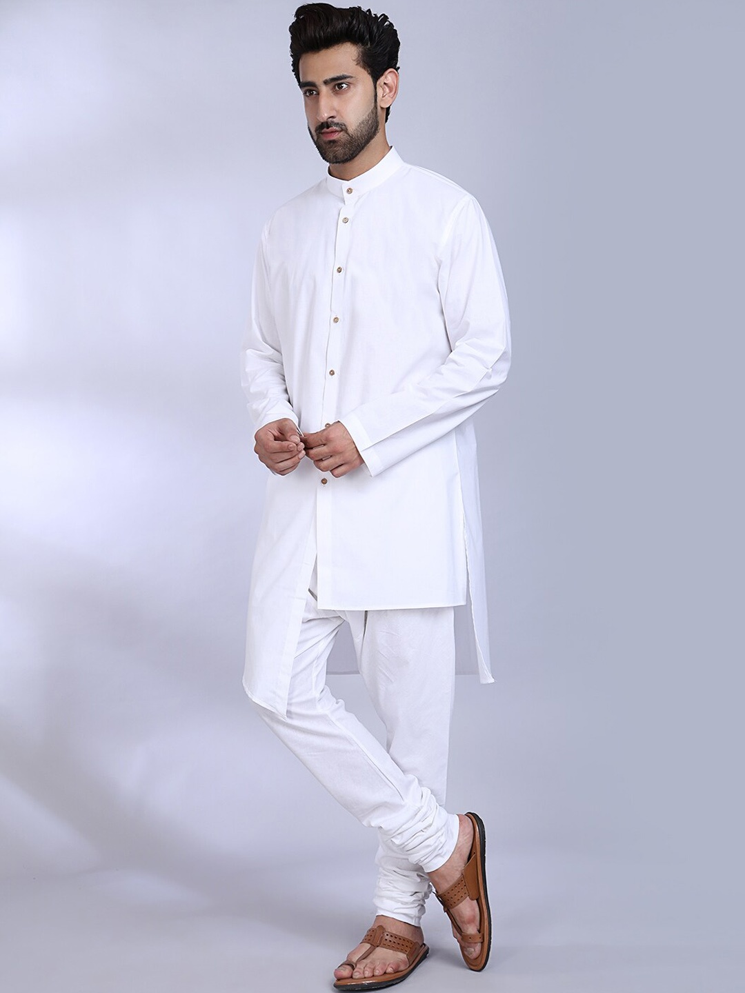 

MIDAV Mandarin Collar Asymmetric High-Low Cotton A-Line Kurta, White