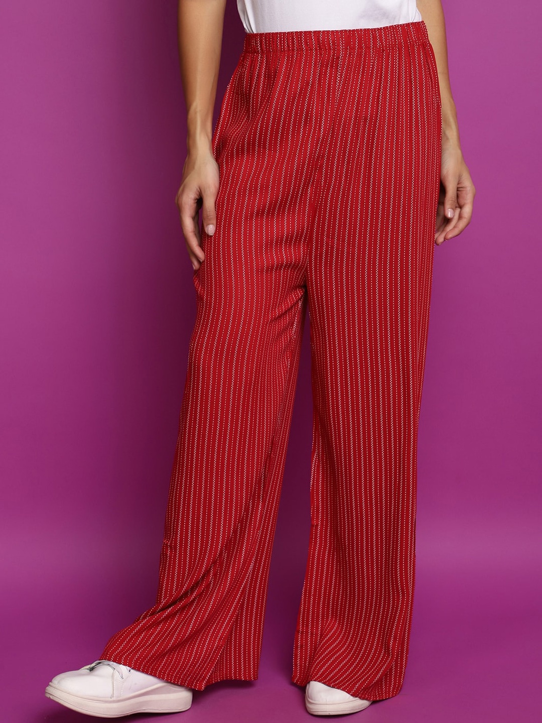 

V-Mart Women Striped Mid Rise Parallel Trousers, Red