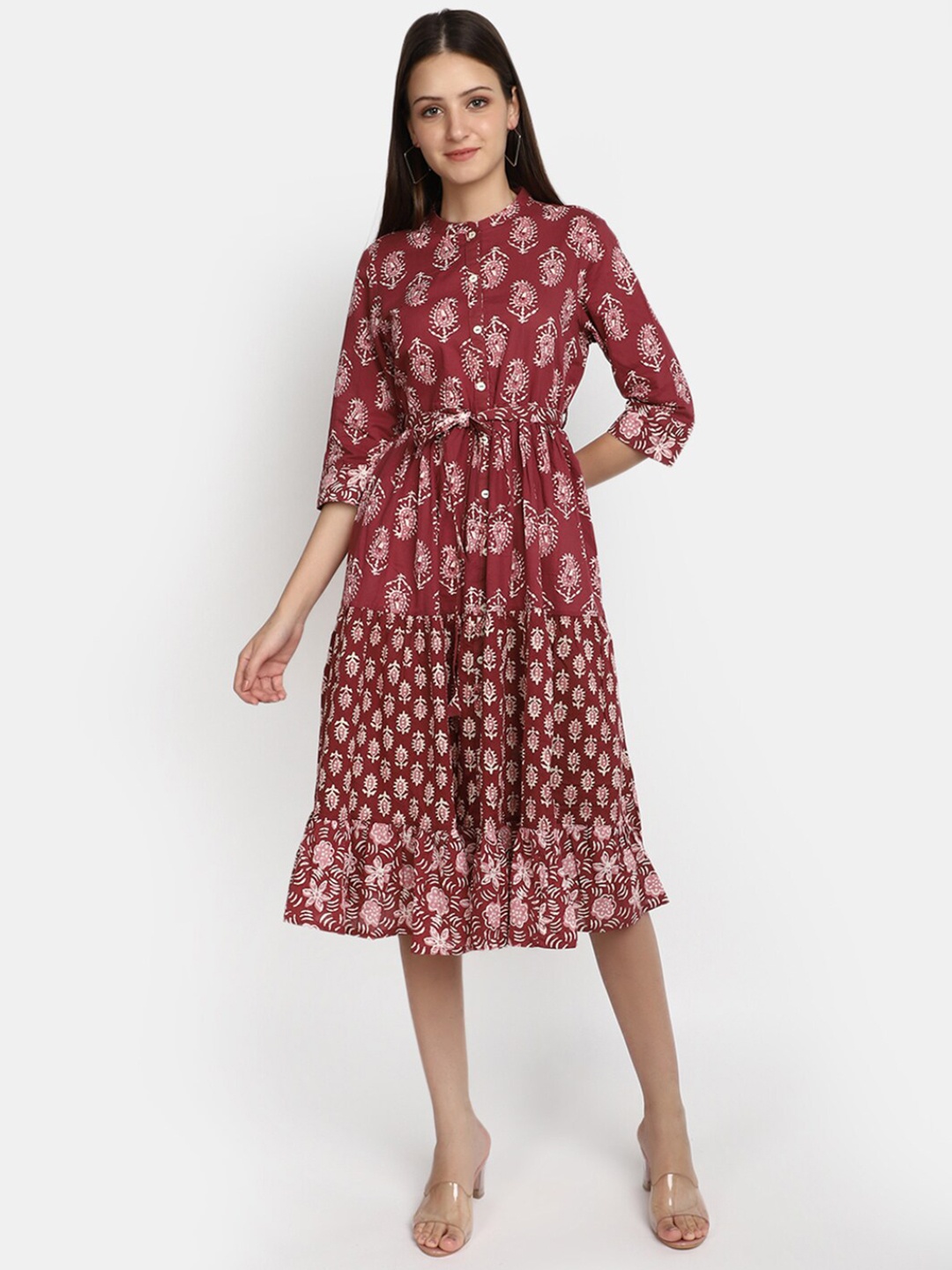 

V-Mart Ethnic Motifs Printed Gathered Tiered Cotton Fit & Flare Ethnic Dress, Maroon