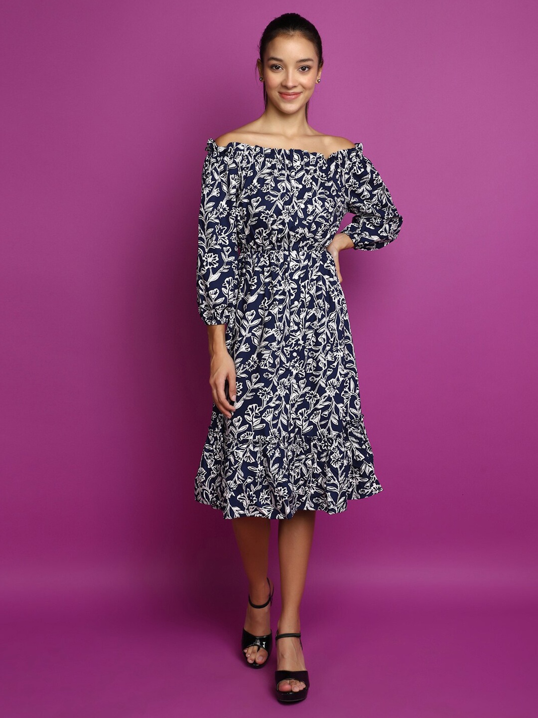 

V-Mart Floral Printed Off-Shoulder Puff Sleeves Gathered Fit & Flare Dress, Navy blue