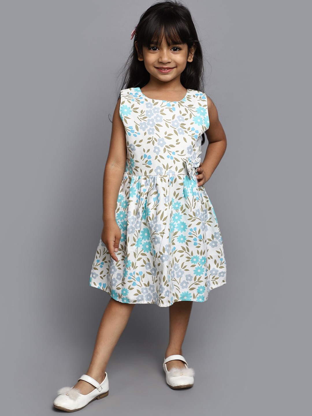 

V-Mart Girls Floral Printed Gathered Cotton Fit & Flare Dress, Off white