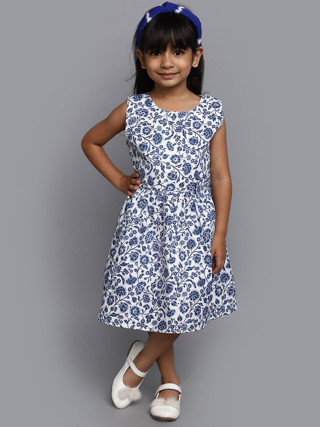 

V-Mart Girls Floral Printed Cotton Fit & Flare Dress, White