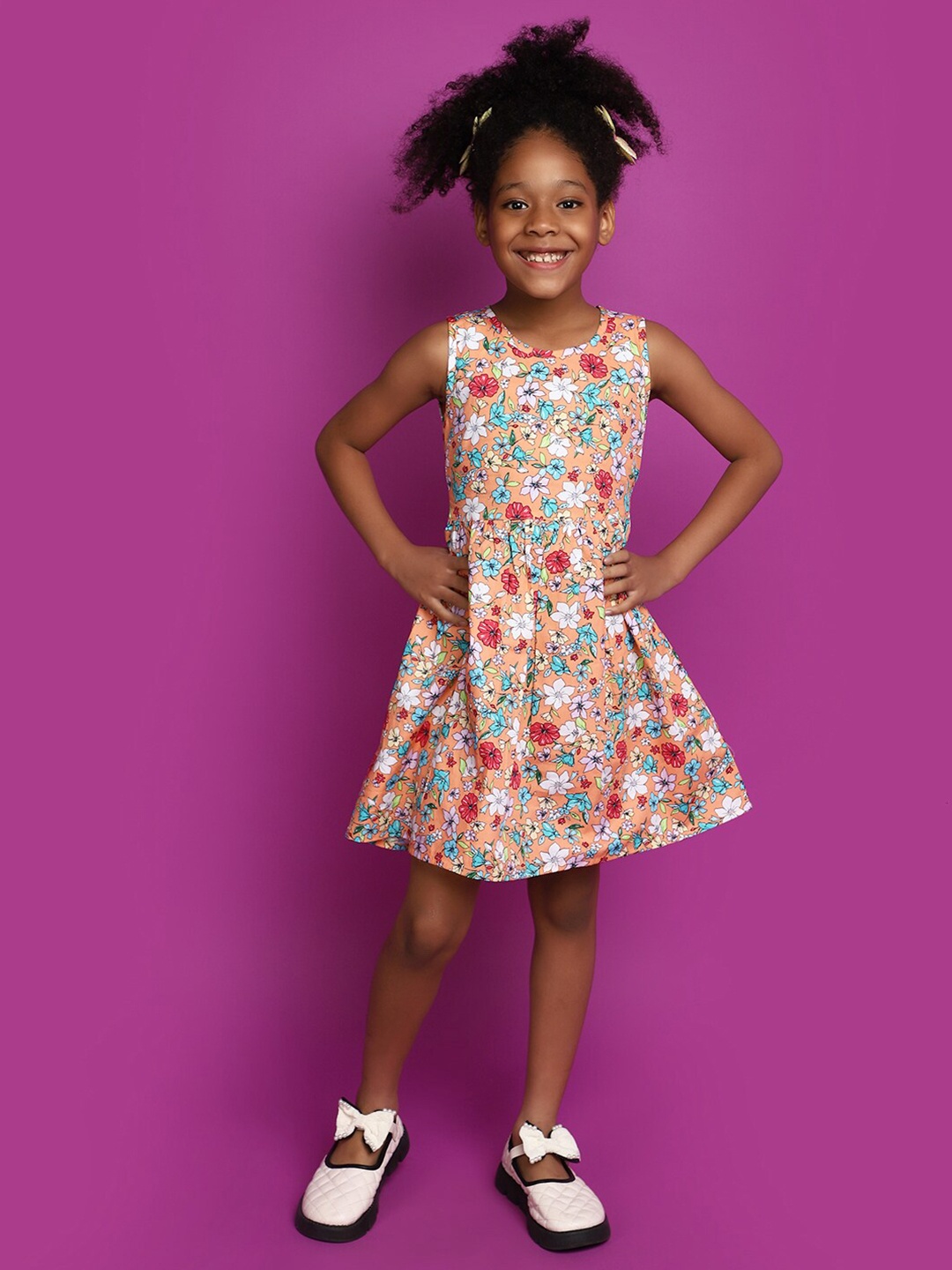 

V-Mart Girls Floral Printed Cotton Fit & Flare Dress, Peach