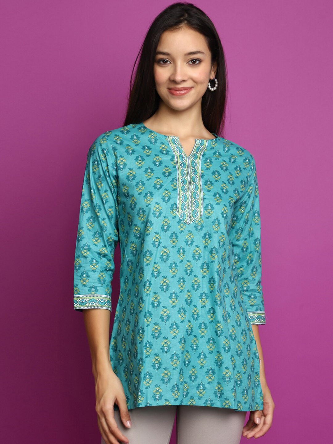 

V-Mart Ethnic Motifs Printed Notched Round neck Pure Cotton Straight Kurti, Blue