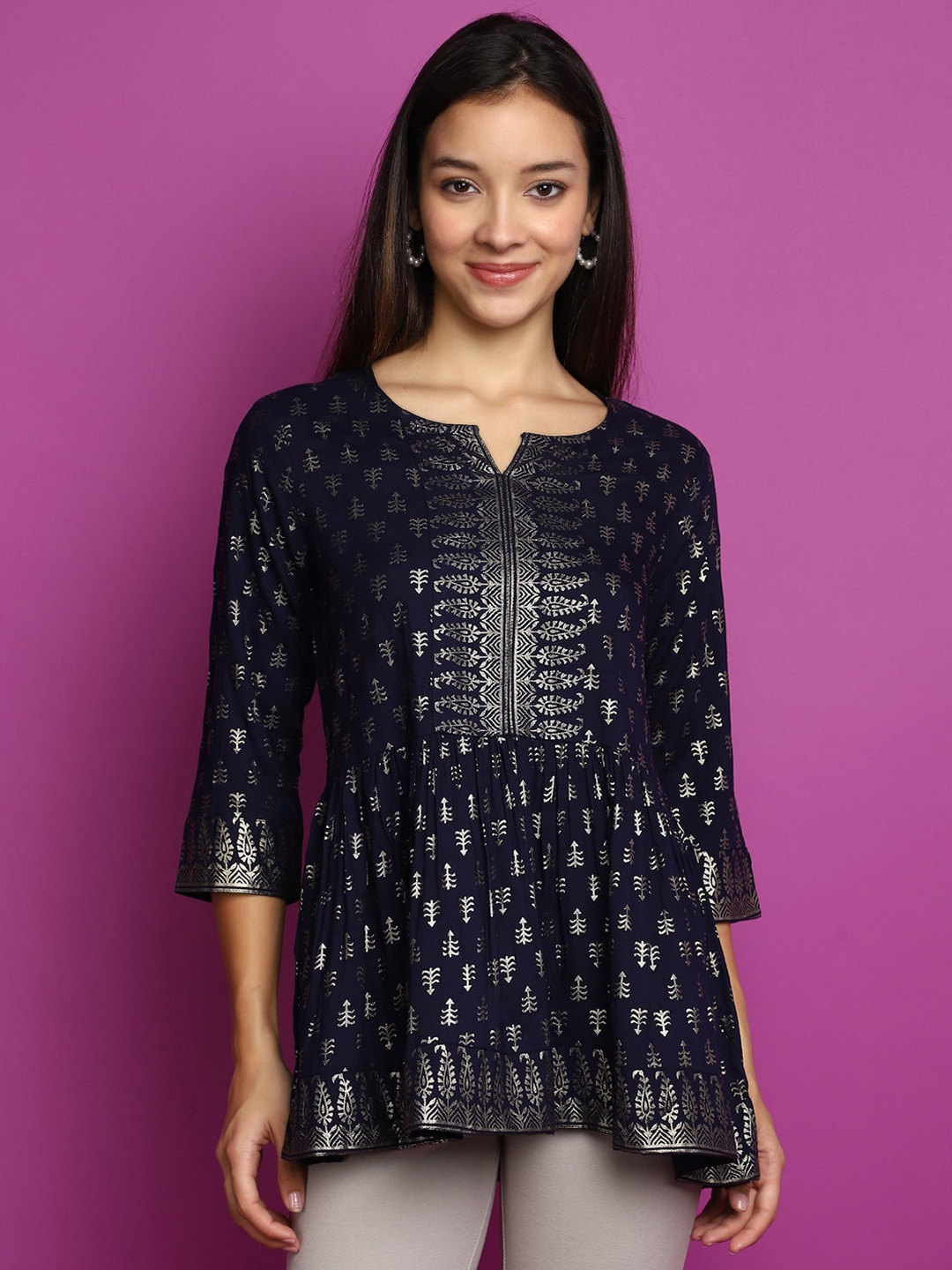 

V-Mart Ethnic Motifs Printed A Line Kurti, Navy blue
