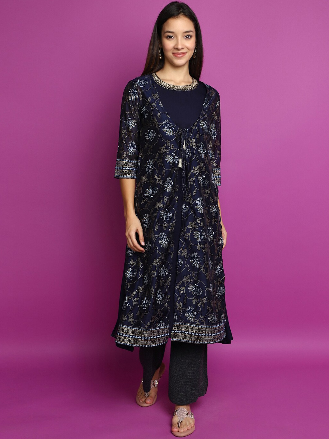 

V-Mart Ethnic Motifs Printed A Line Kurta, Navy blue