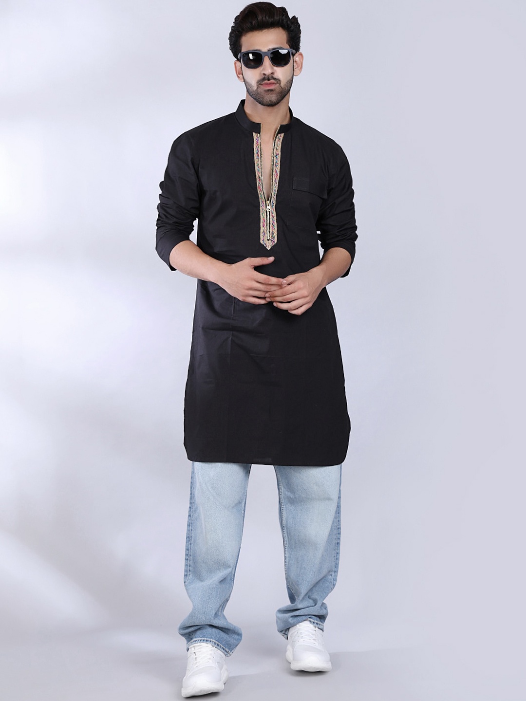 

MIDAV Band Collar Thread Work Detail Cotton Straight Kurta, Black