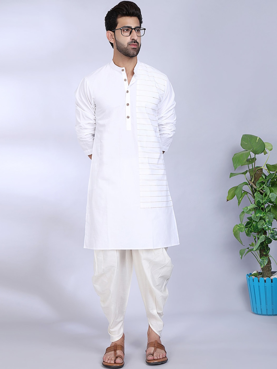 

MIDAV Band Collar Thread Work White Romance Straight Cotton Kurta