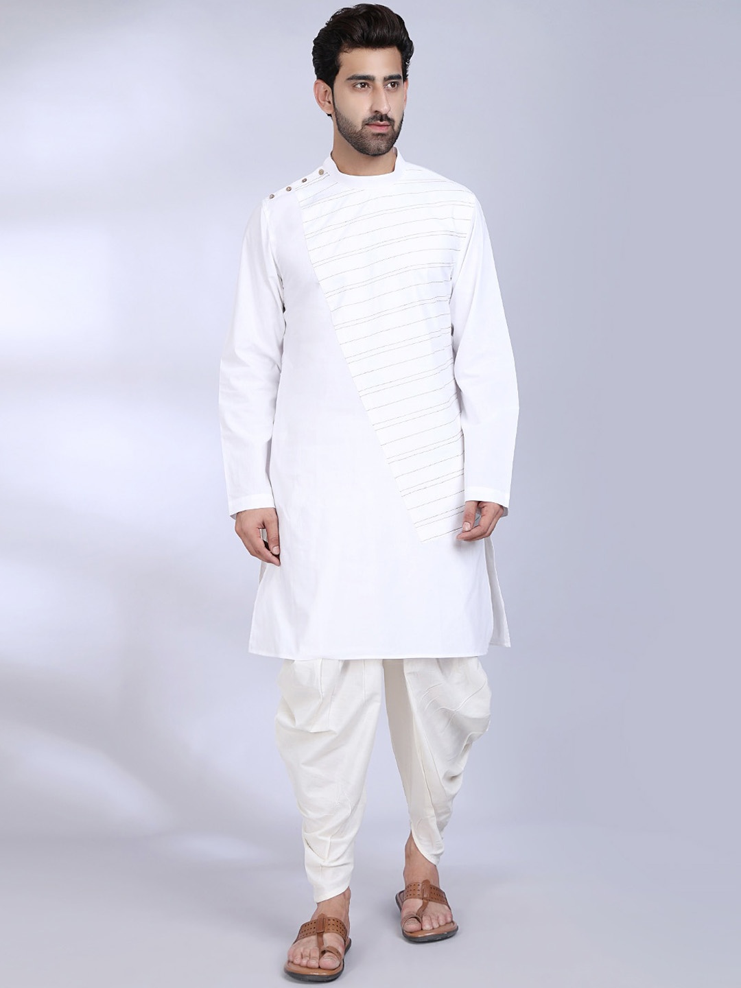 

MIDAV Band Collar Thread Work White Romance Straight Cotton Kurta