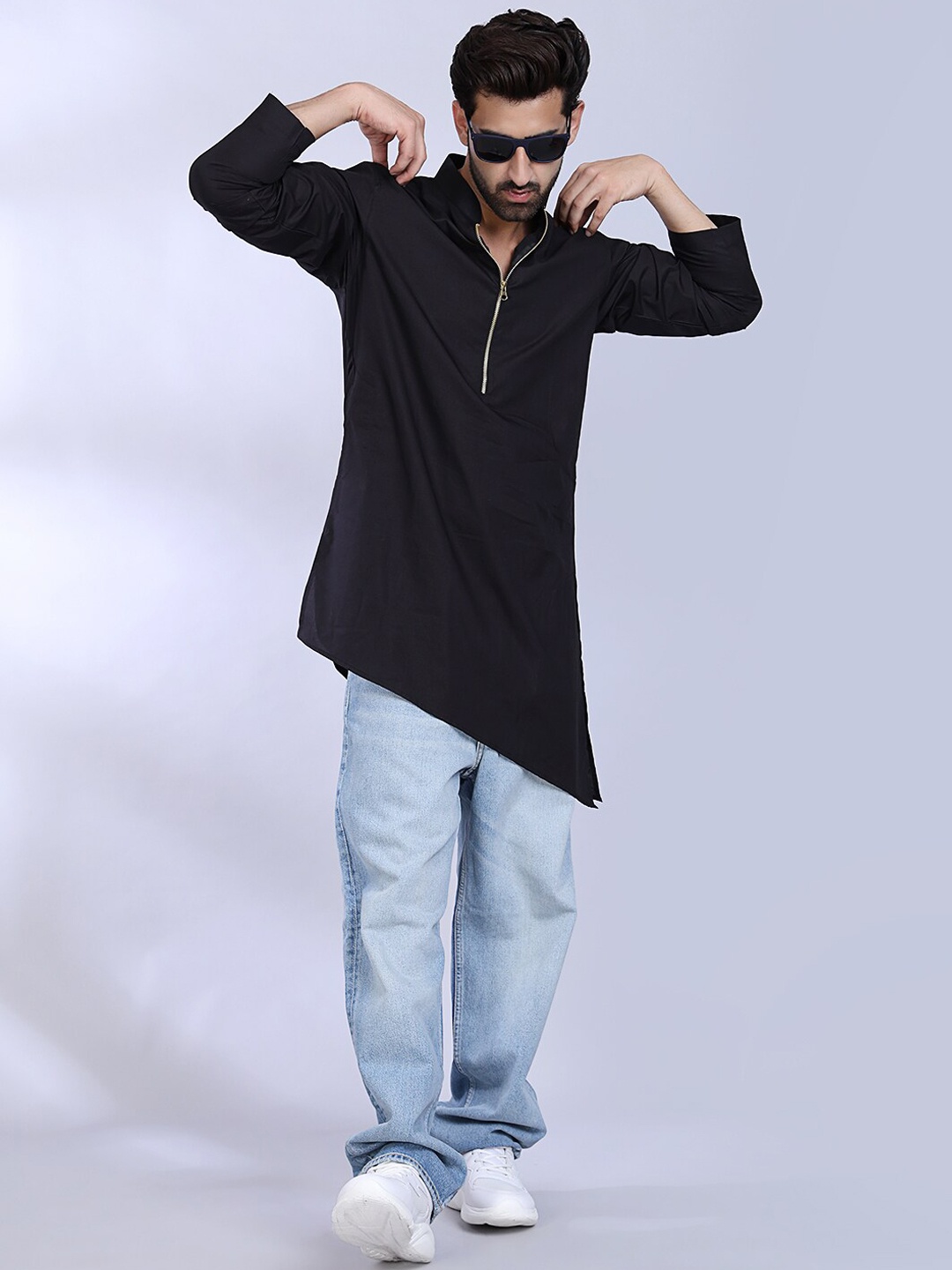 

MIDAV Mandarin Collar Fusion Straight Cotton Asymmetric Kurta, Black