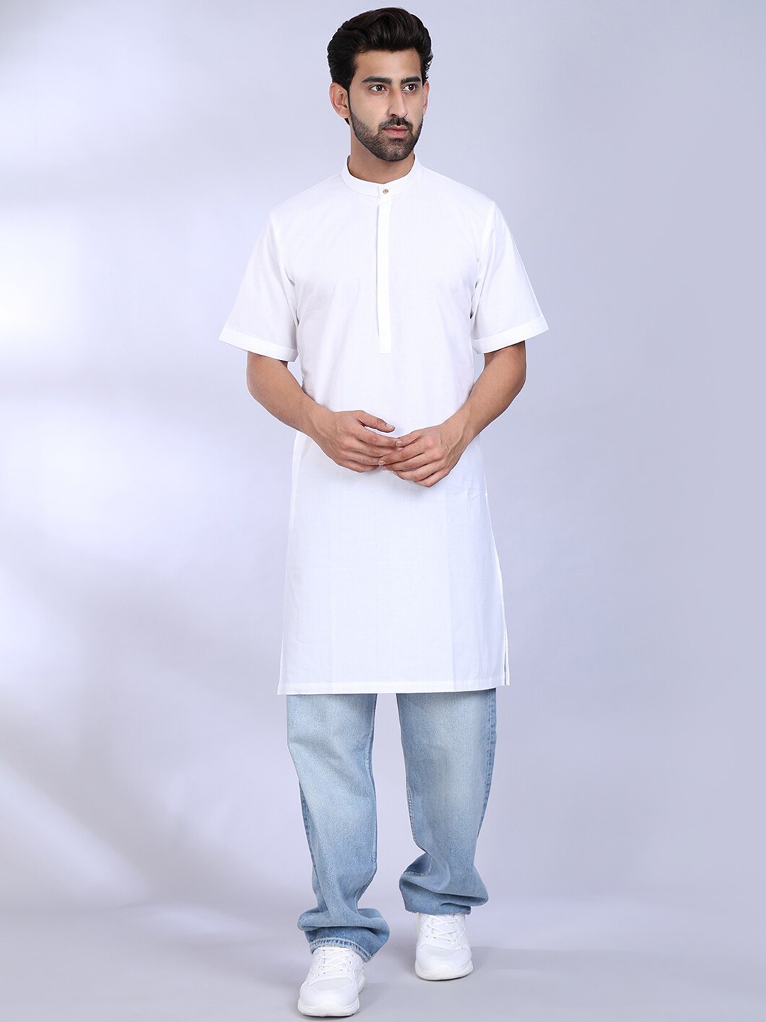 

MIDAV Band Collar Straight Kurta, White