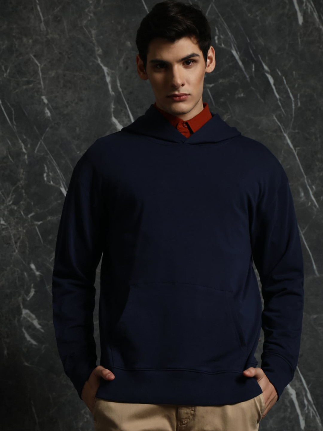 

Breakbounce Navy Blue Hooded Long Sleeves Cotton Pullover Sweatshirt