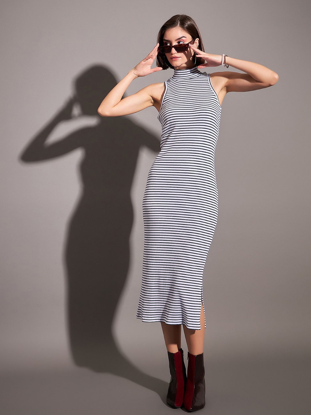 

SASSAFRAS High Neck Striped Bodycon Midi Dress, Navy blue